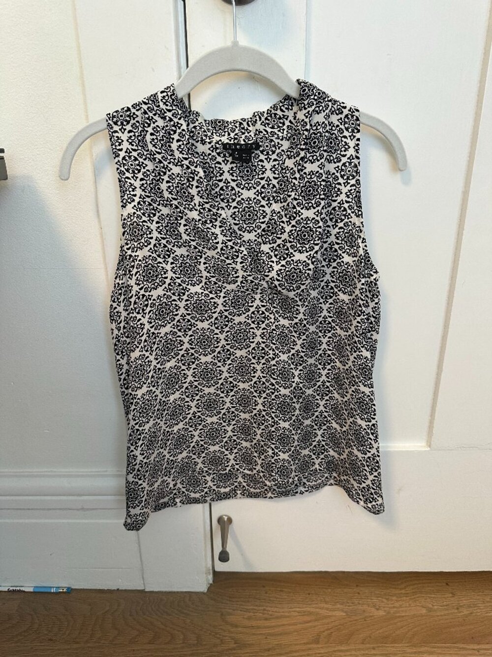 Theory Black & White Print Sleeveless Mock Neck Top | Petite | Worn 2–3x